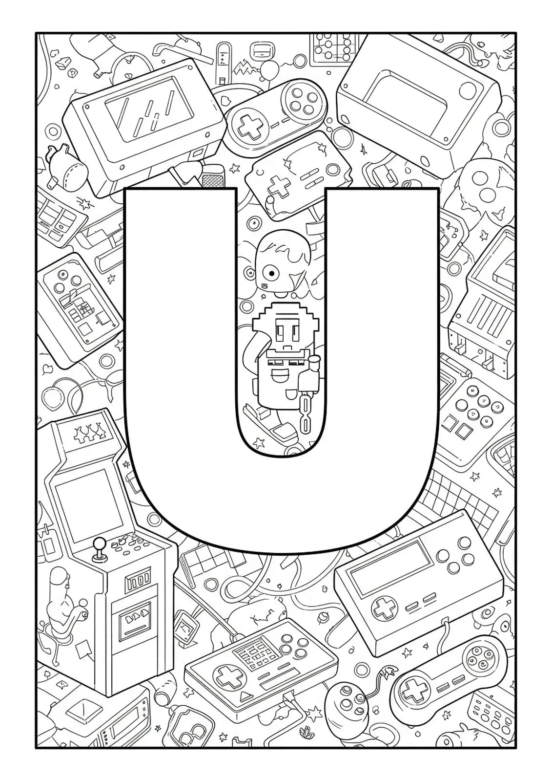 Letter U with pixel art, arcade machines, and retro gaming controllers, designed for teens.