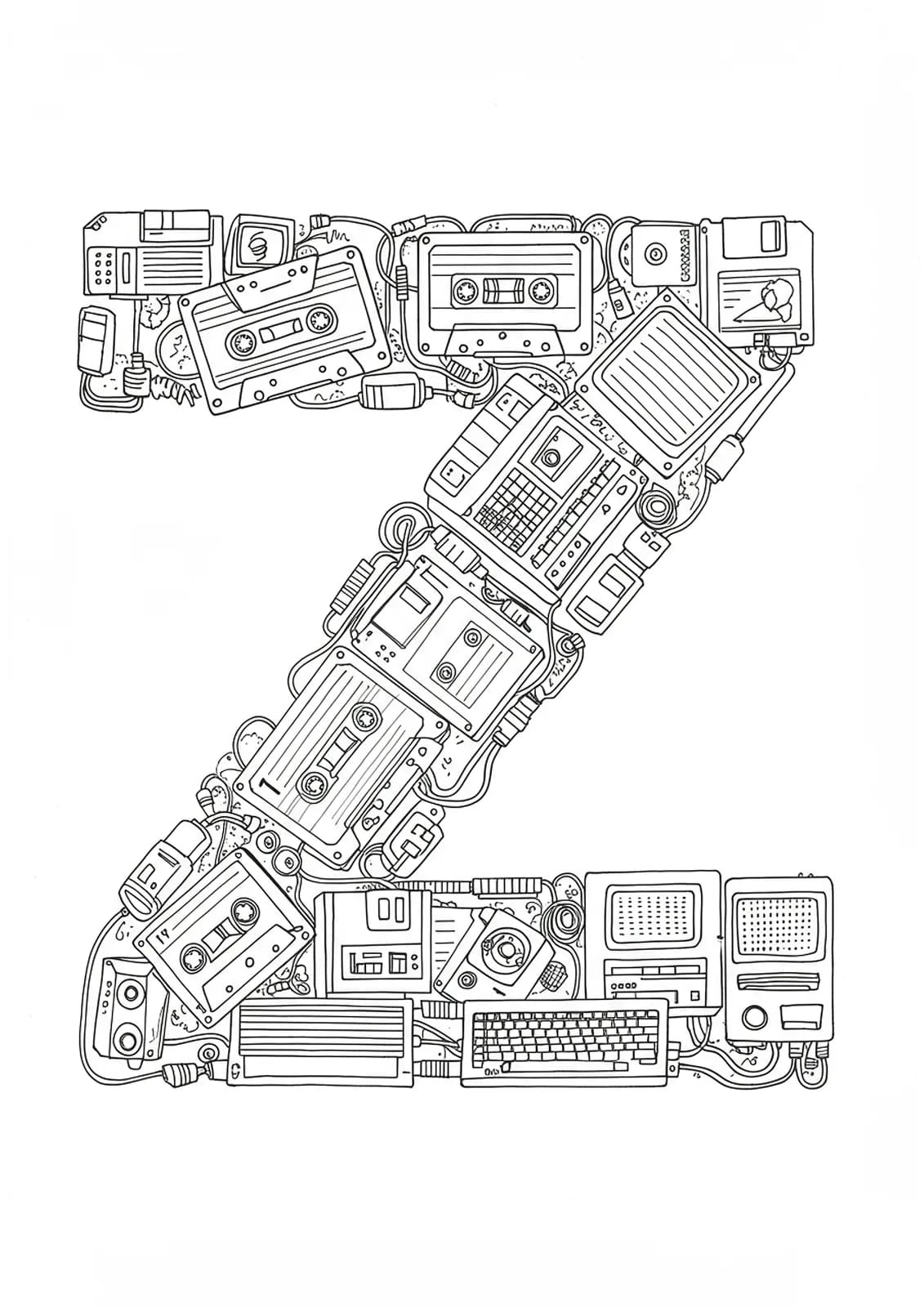 Letter Z surrounded by vintage electronics like cassettes and floppy disks, hard coloring page for teens.