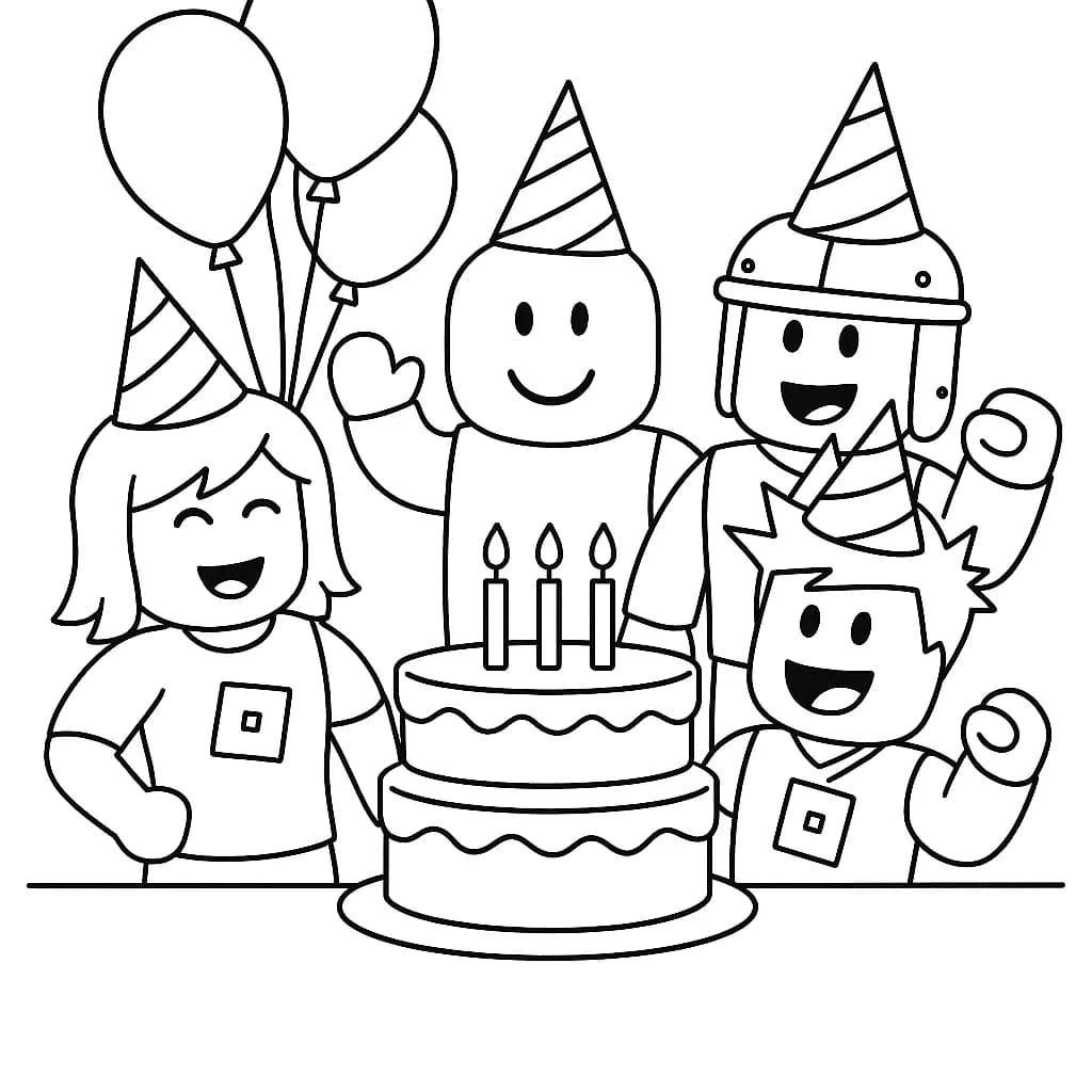 Roblox characters with birthday hats, a cake, and balloons, in clear, easy outlines for kids