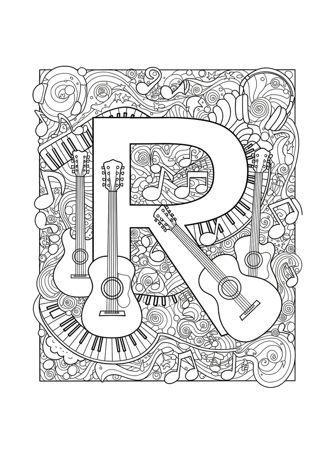 Detailed letter R surrounded by guitars, notes, headphones, and music-themed patterns for hard coloring.