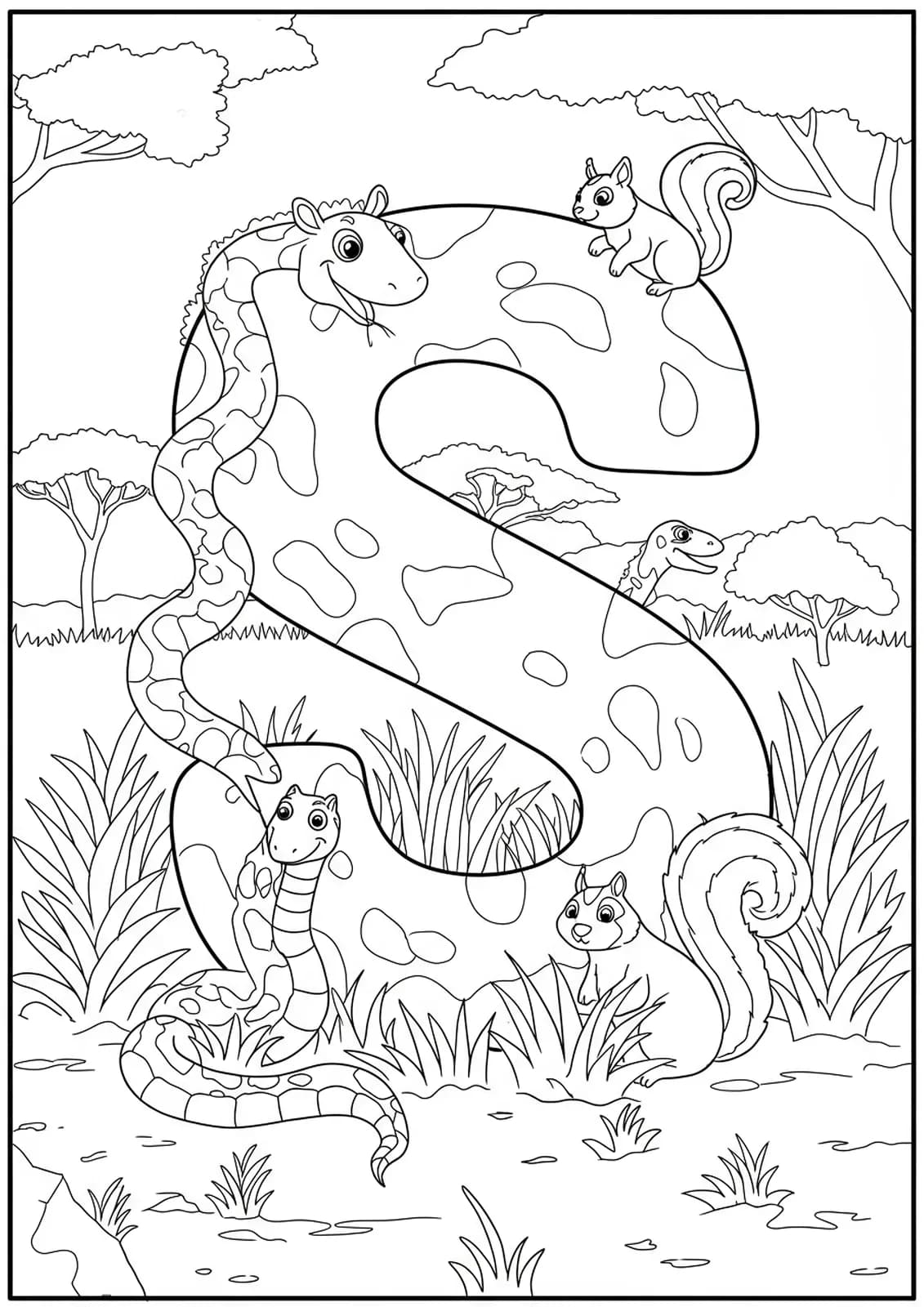 Printable coloring page with a big letter S among safari animals like snakes and squirrels, and savanna grasses.