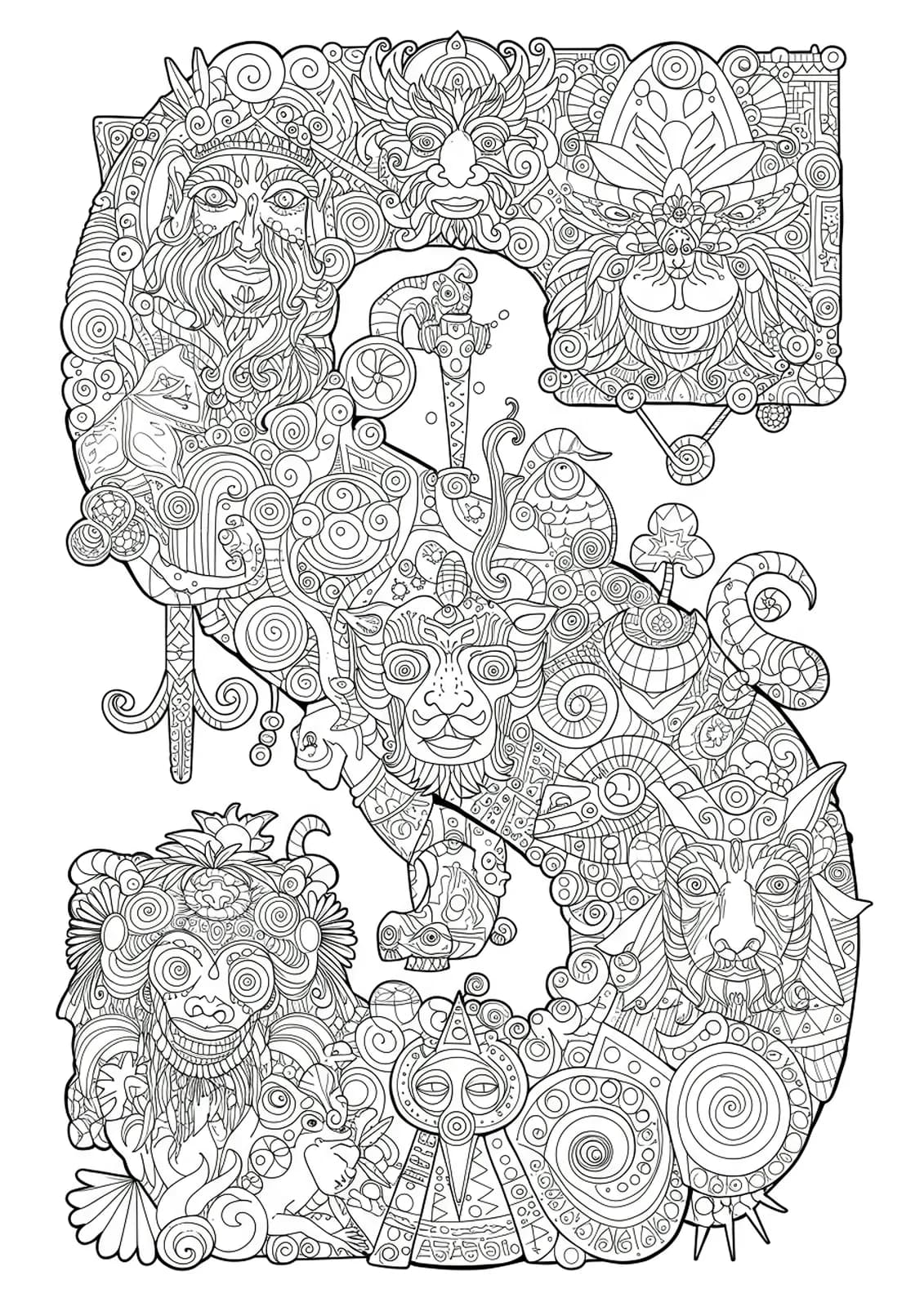 Letter S with mythological motifs, intricate creatures, and legendary symbols, hard adult coloring page