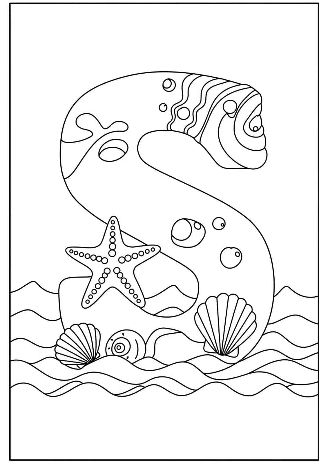 Coloring page with a big letter S, starfish, seashells, and ocean waves