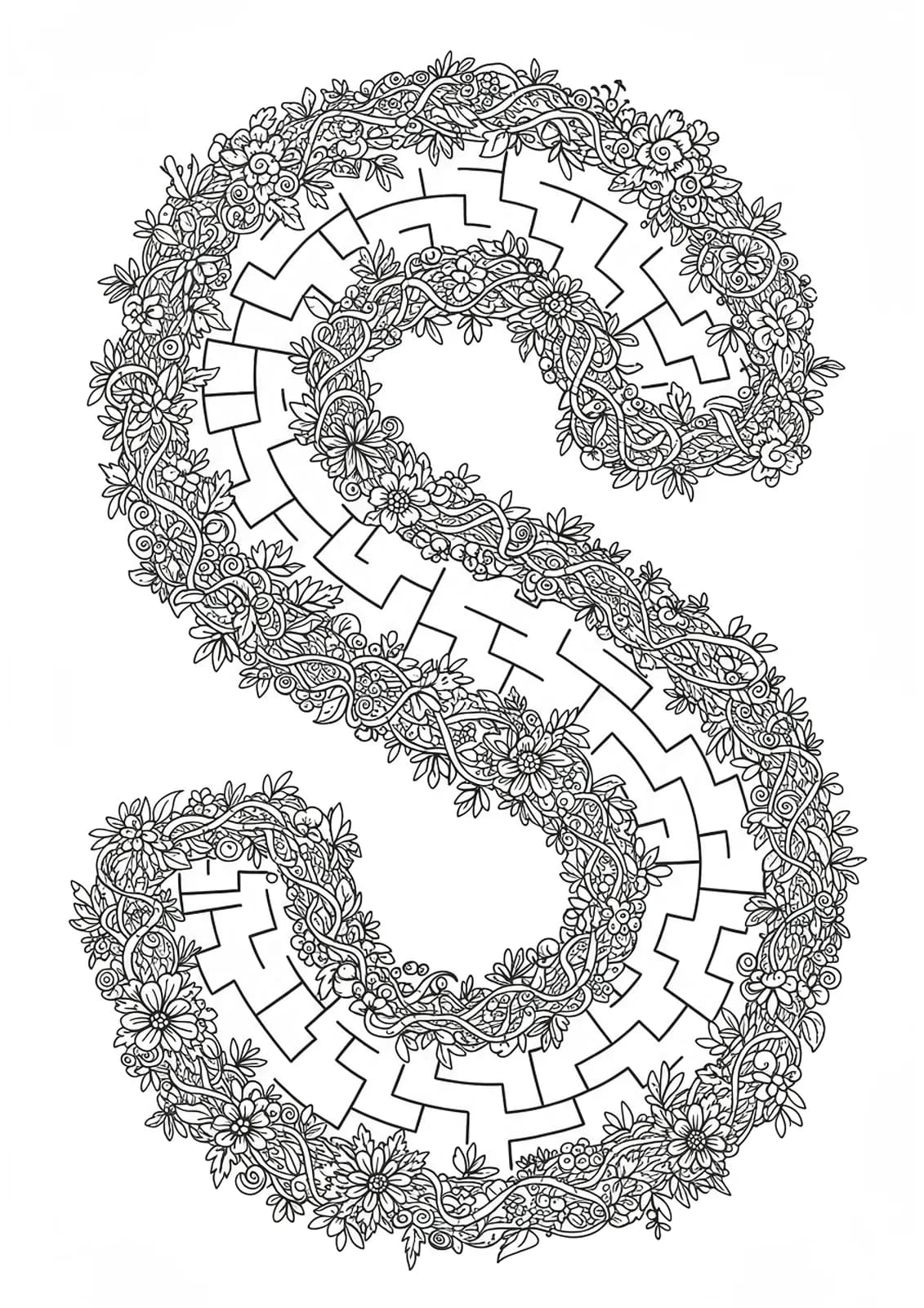 Labyrinth-themed letter S with maze patterns, winding vines, and intricate hedges, hard adult coloring page