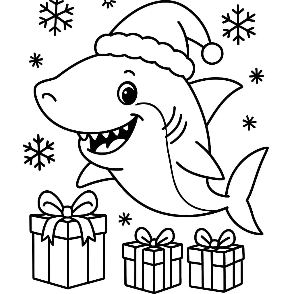Simple line art of a smiling shark wearing a Santa hat, with Christmas presents and snowflakes around.