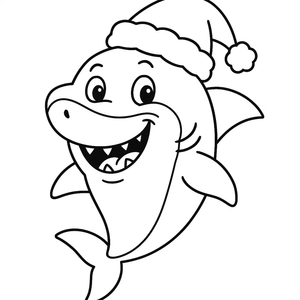 Easy coloring page of a smiling shark wearing a Santa hat.