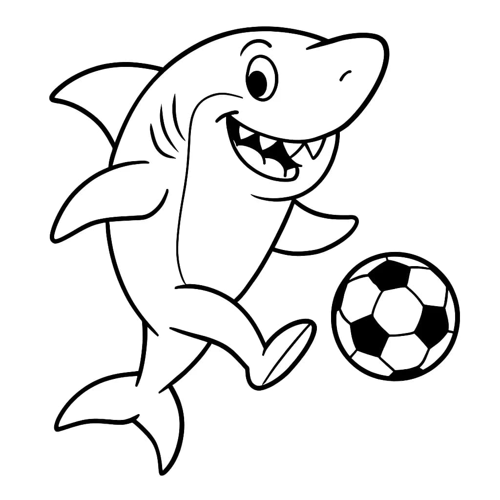 Easy coloring page of a shark kicking a soccer ball.