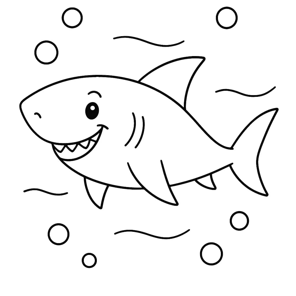 Easy coloring page showing a smiling shark swimming in the ocean with bubbles.