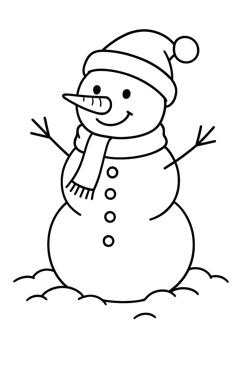 Simple line art of a smiling snowman with a hat and scarf, standing in the snow, for easy coloring.