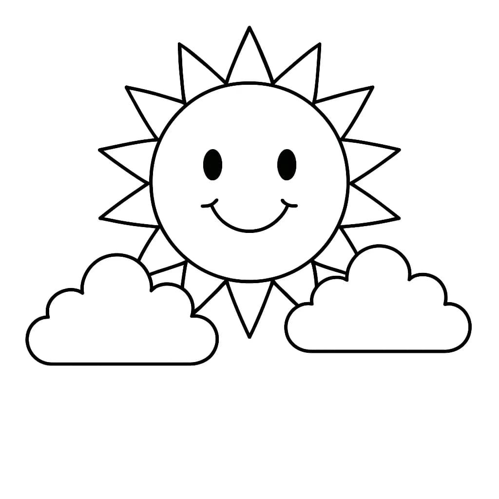 Simple drawing of a smiling sun with two clouds, easy for preschool coloring