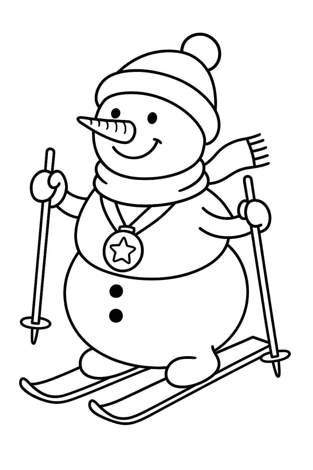 Easy coloring page showing a snowman on skis with a medal, winter sports theme for children.