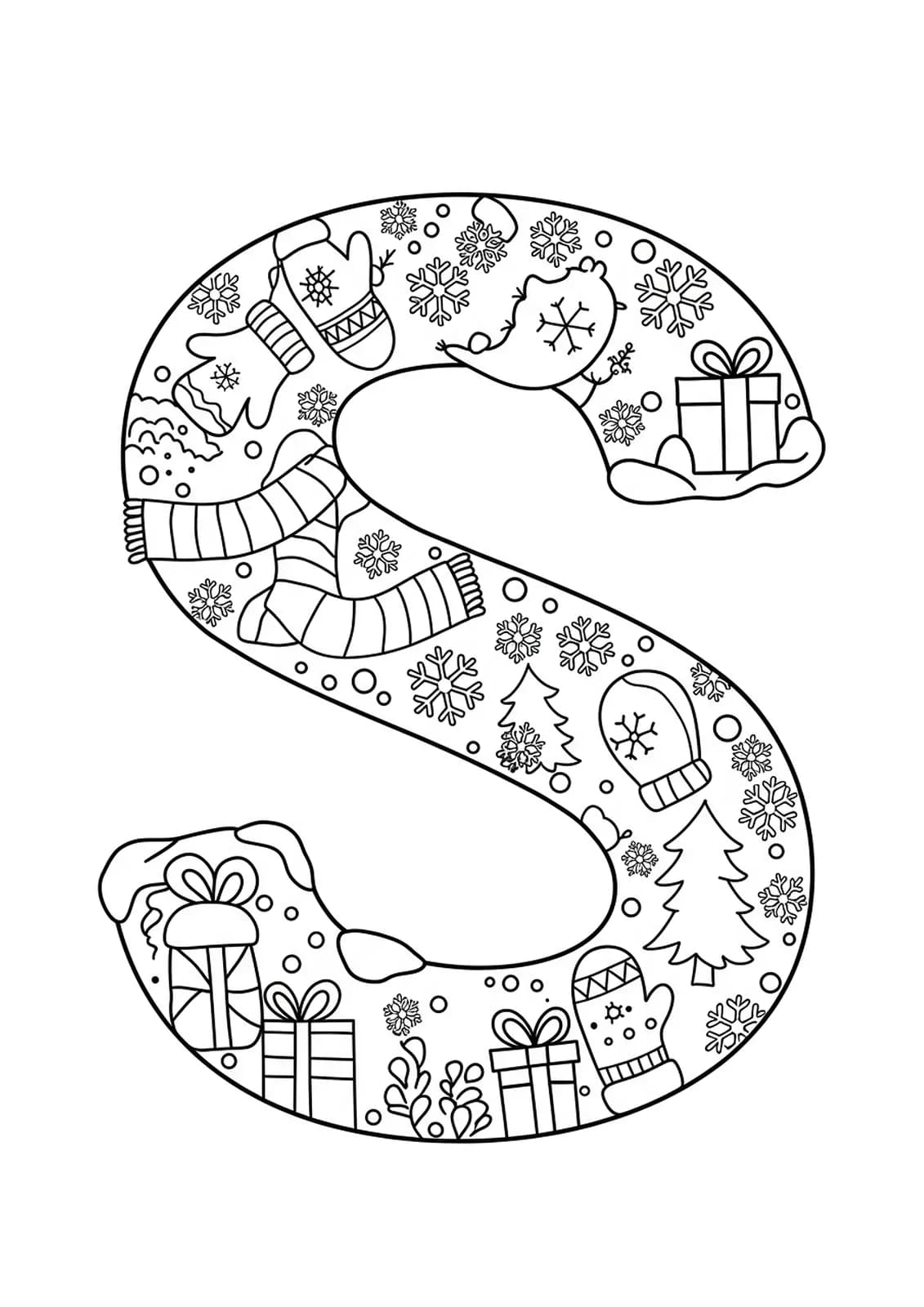 Letter S with detailed snowflakes, mittens, scarves, and pine trees for preschoolers to color