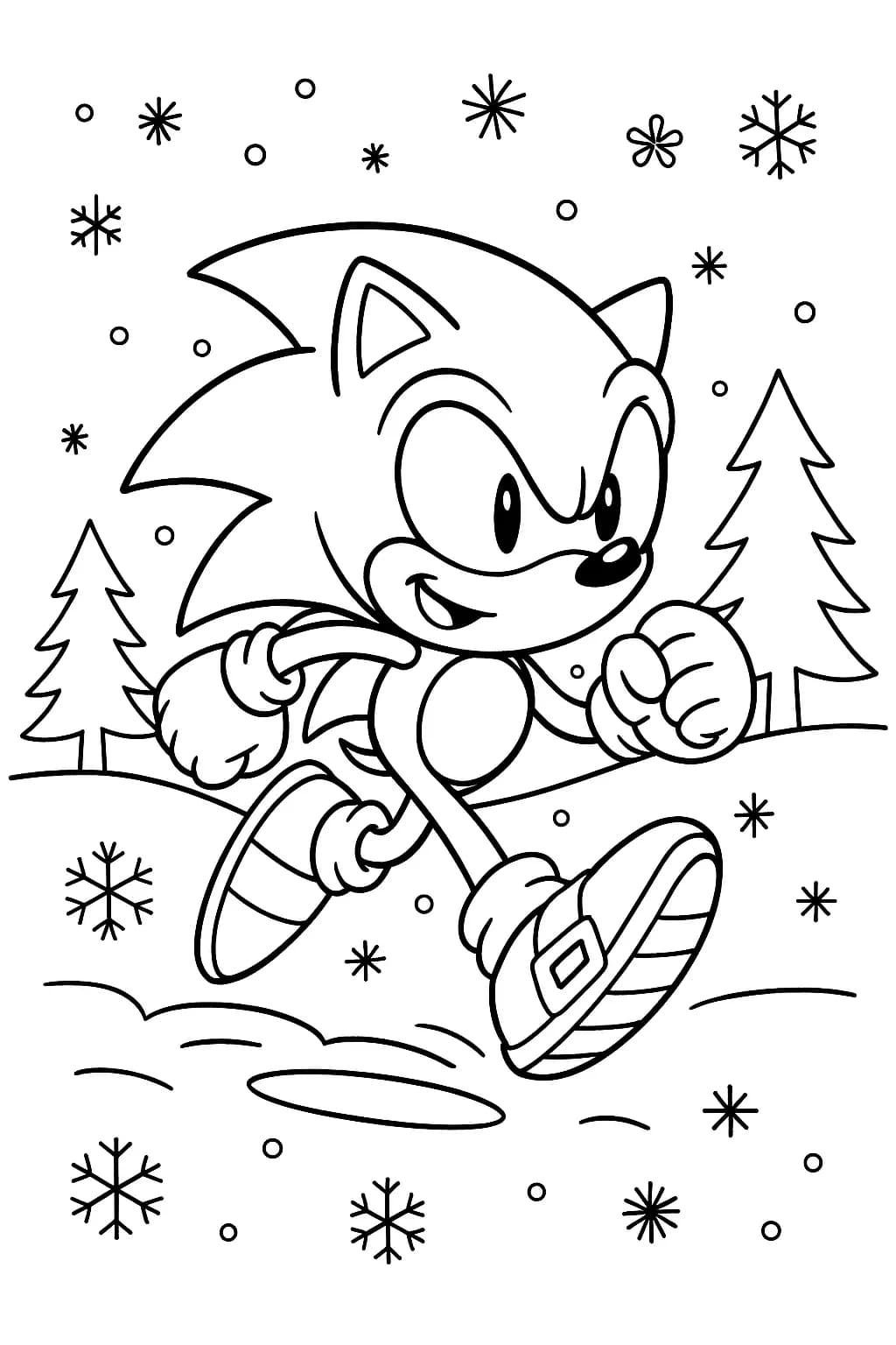 Sonic running through snow with trees and snowflakes, easy coloring page
