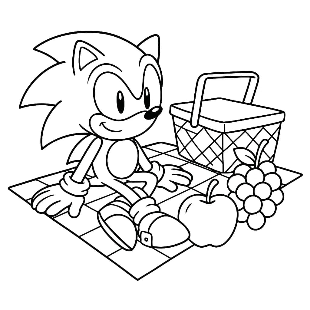 Sonic sitting on a picnic blanket with a picnic basket and fruit.