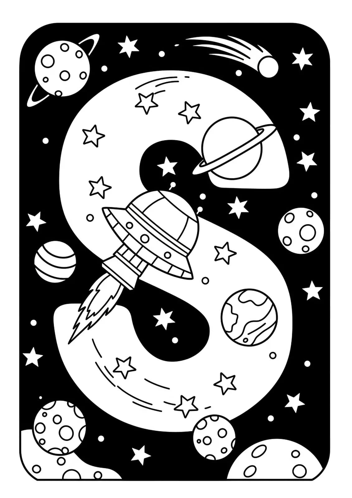 Coloring page with a big letter S, spaceship, stars, and planets