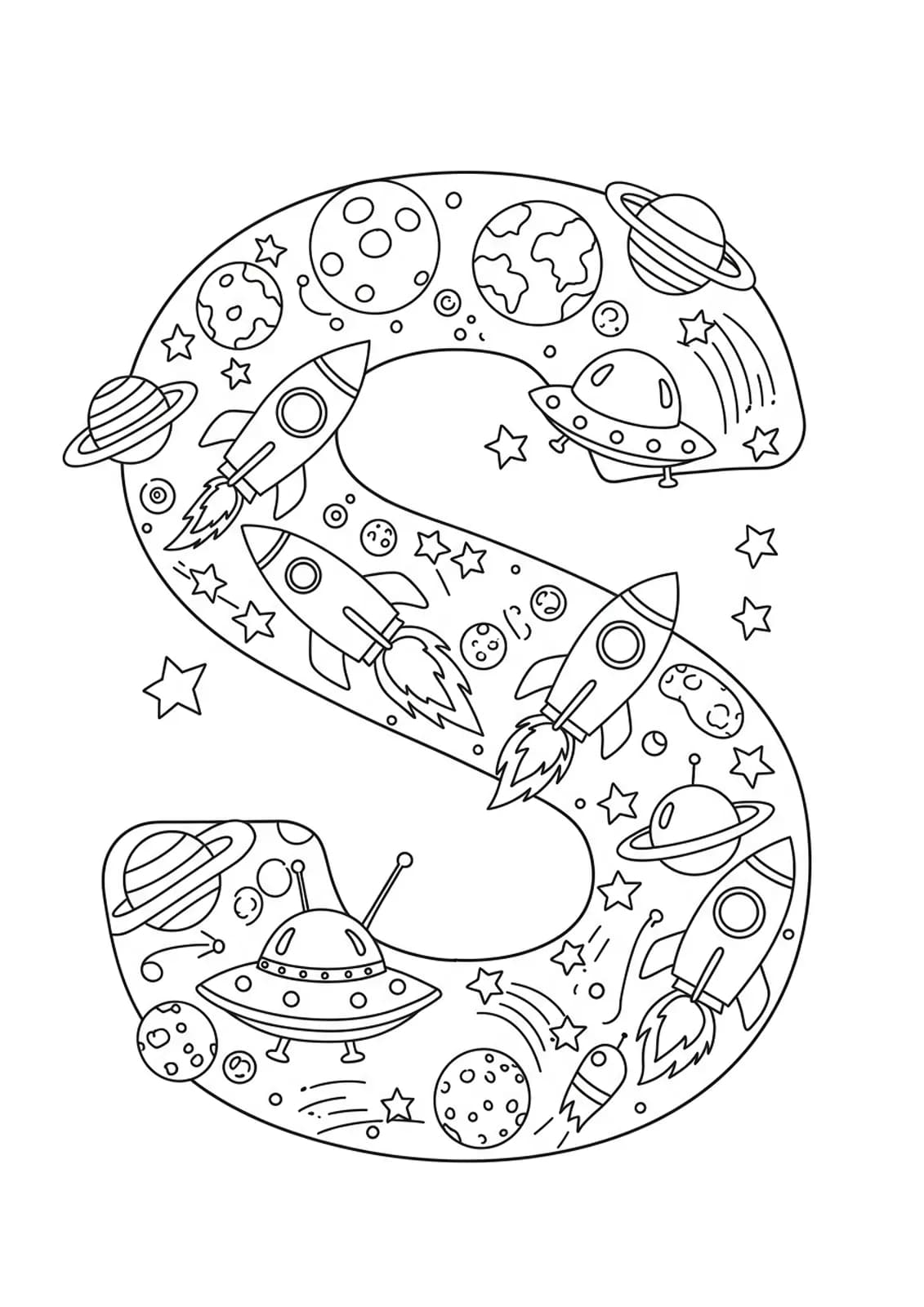Detailed letter S with rockets, planets, stars, and UFOs for preschool space-themed coloring
