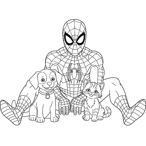 Spiderman sitting with a puppy and a kitten, all smiling