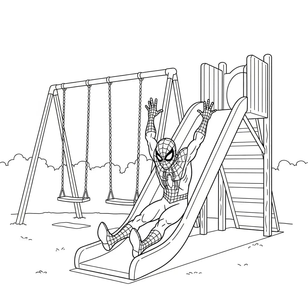 Spiderman sliding down a playground slide with a swing in the background