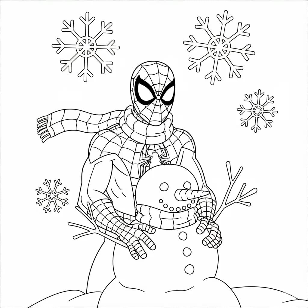 Spiderman wearing a scarf, building a snowman with big snowflakes around