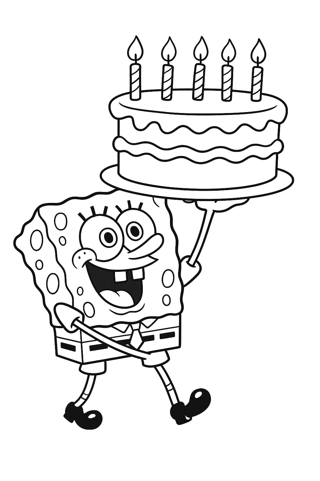 SpongeBob smiling and holding a large birthday cake with candles, simple designs for preschoolers.
