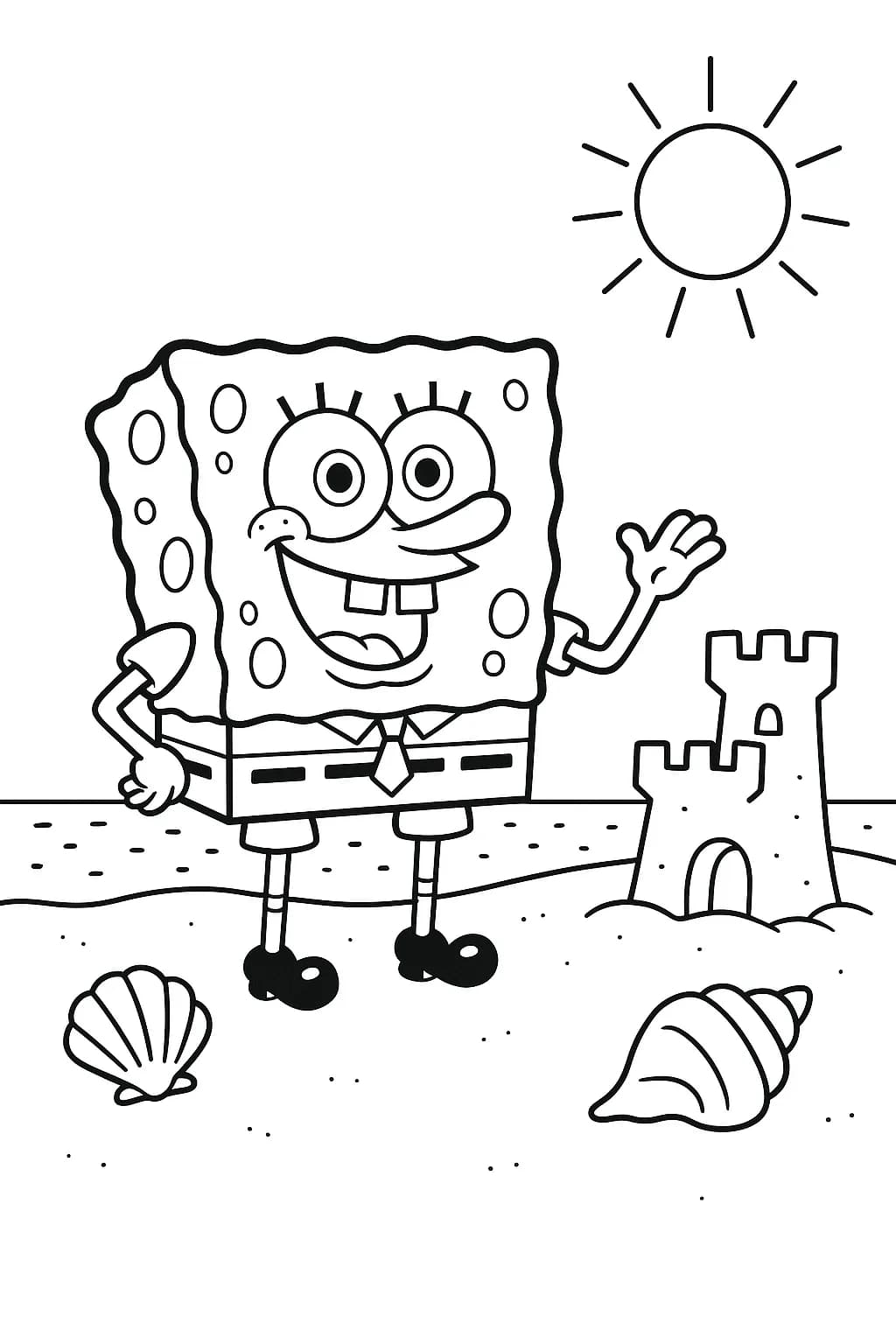 SpongeBob standing on a sunny beach with a sandcastle and seashells, simple outlines for preschoolers.