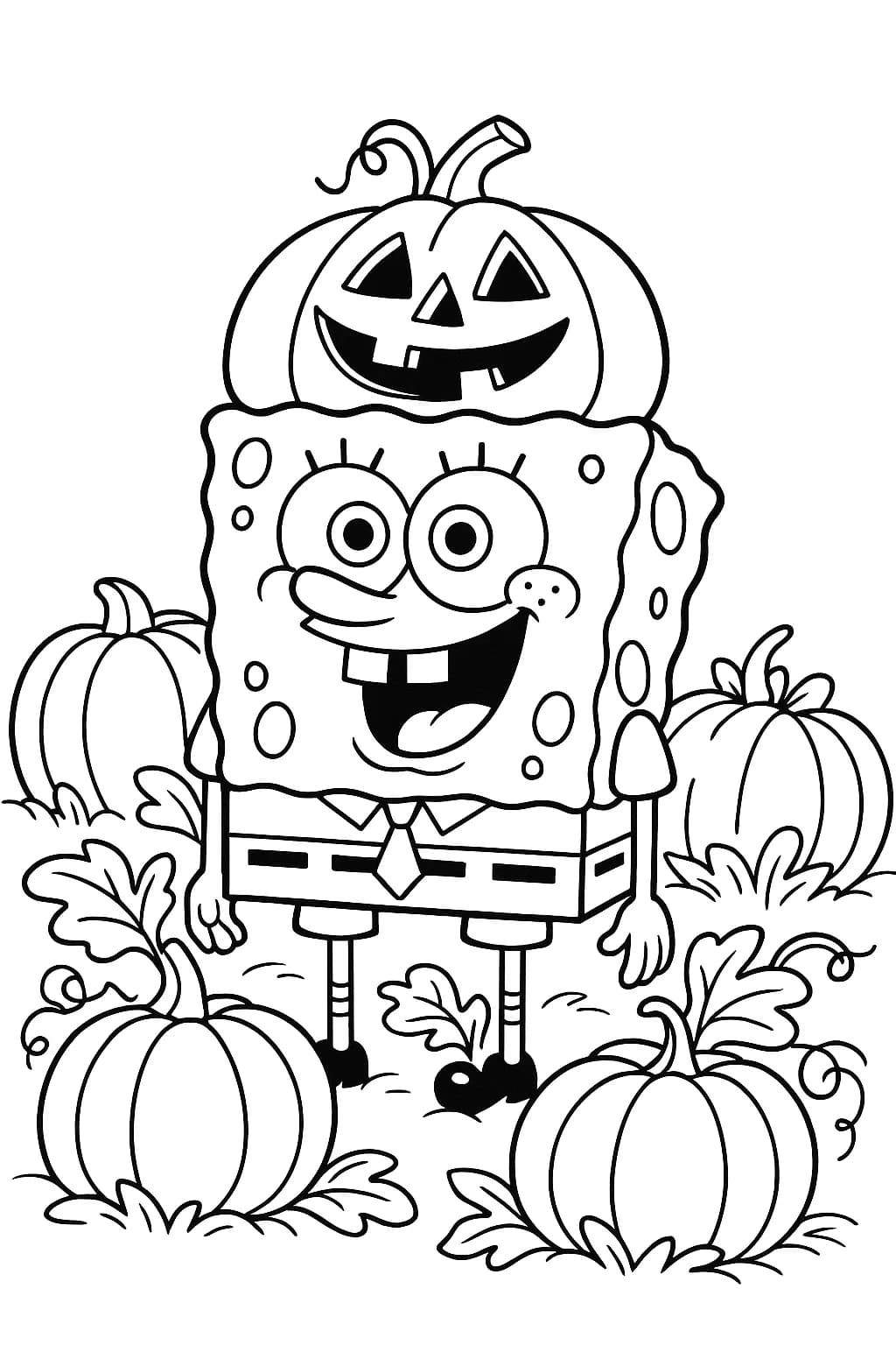 SpongeBob with a pumpkin hat, standing in a patch of large pumpkins, simple outlines for preschoolers.