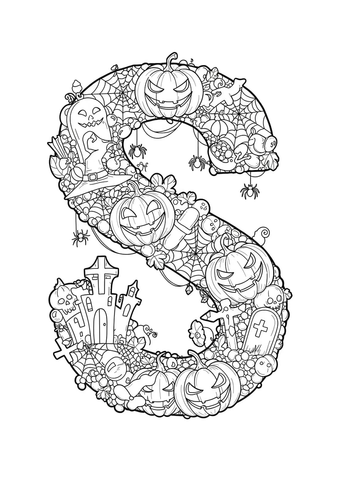Halloween-themed letter S with spider webs, pumpkins, bats, and castles in a hard coloring page.