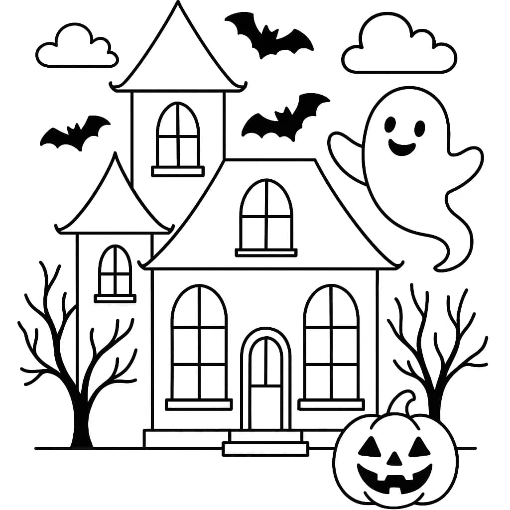 Easy outline of a haunted house with a ghost and jack-o'-lantern for Halloween coloring.