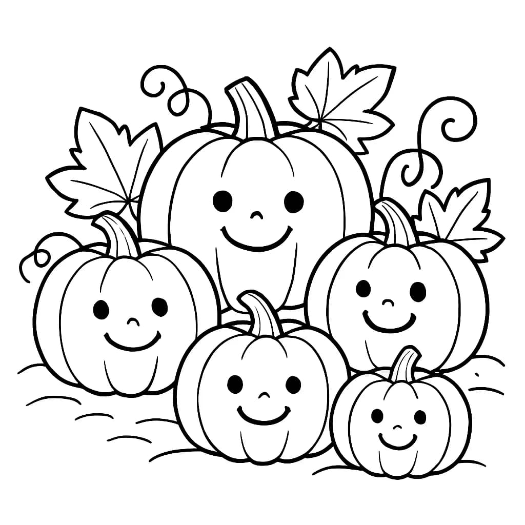 An easy Halloween coloring page with large jack-o’-lanterns in a pumpkin patch.