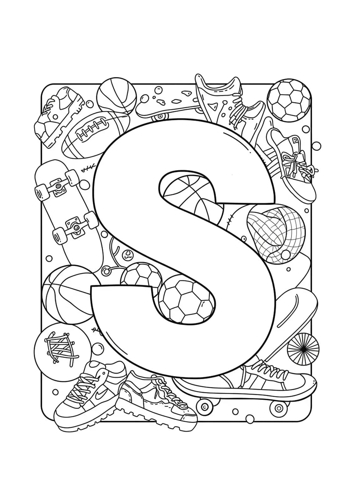Printable coloring page shows a large letter S with soccer balls, sneakers, and skateboards around it.