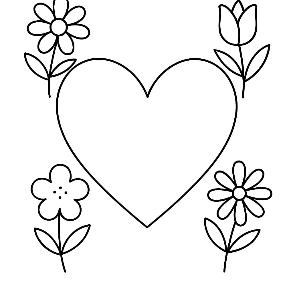 Large heart surrounded by four simple spring flowers, outlined for easy preschool coloring.