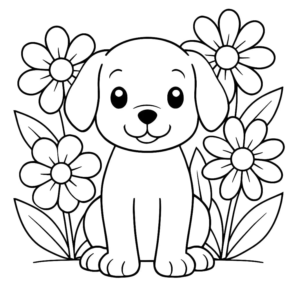 Outline of a puppy sitting with large spring flowers around, simple shapes for easy coloring
