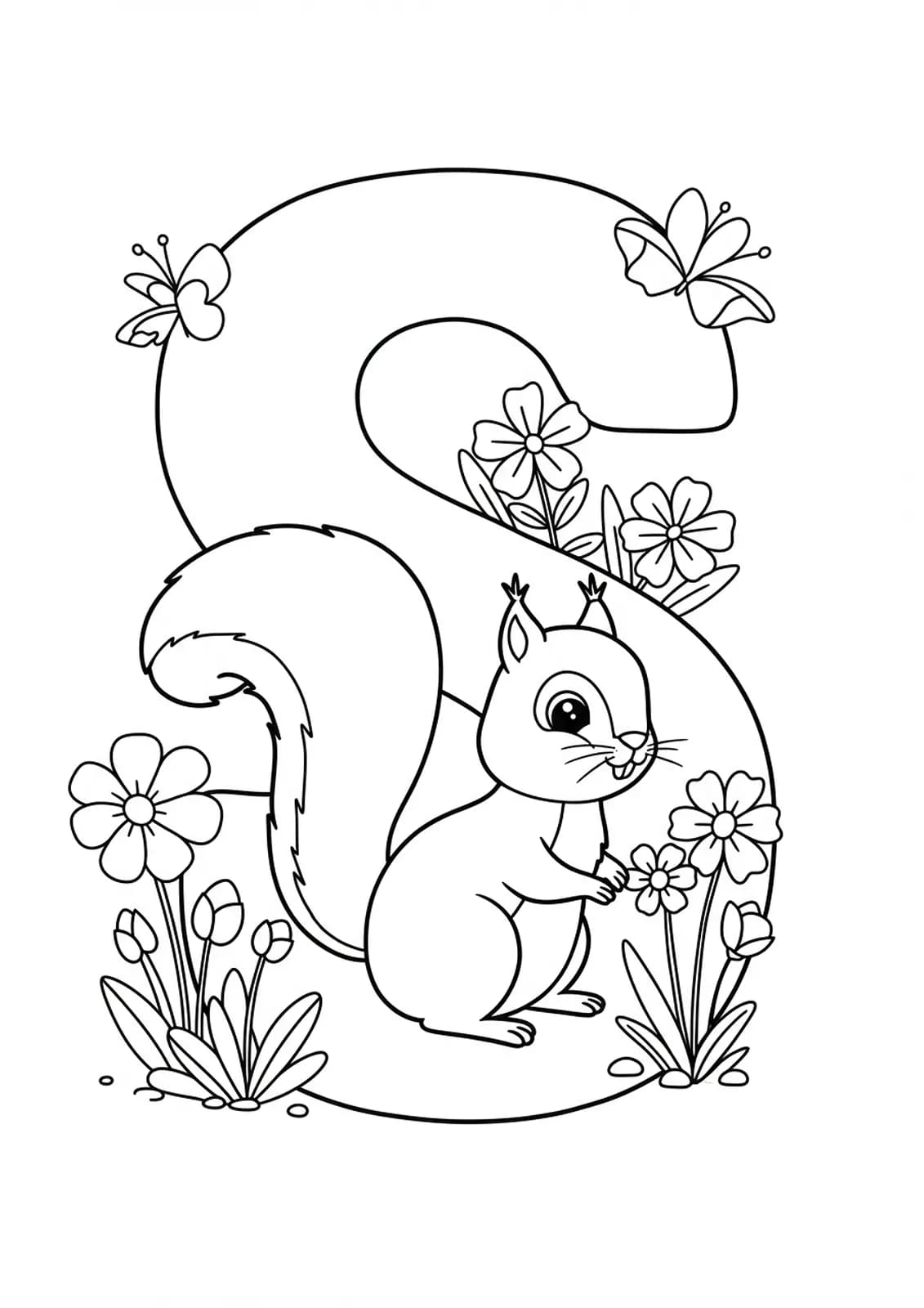 Coloring page with a big letter S, squirrel, and spring flowers