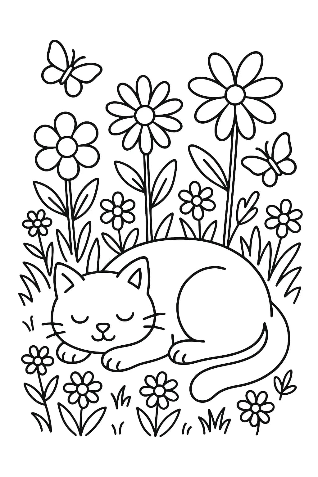 Cat napping in a flower garden with butterflies flying nearby