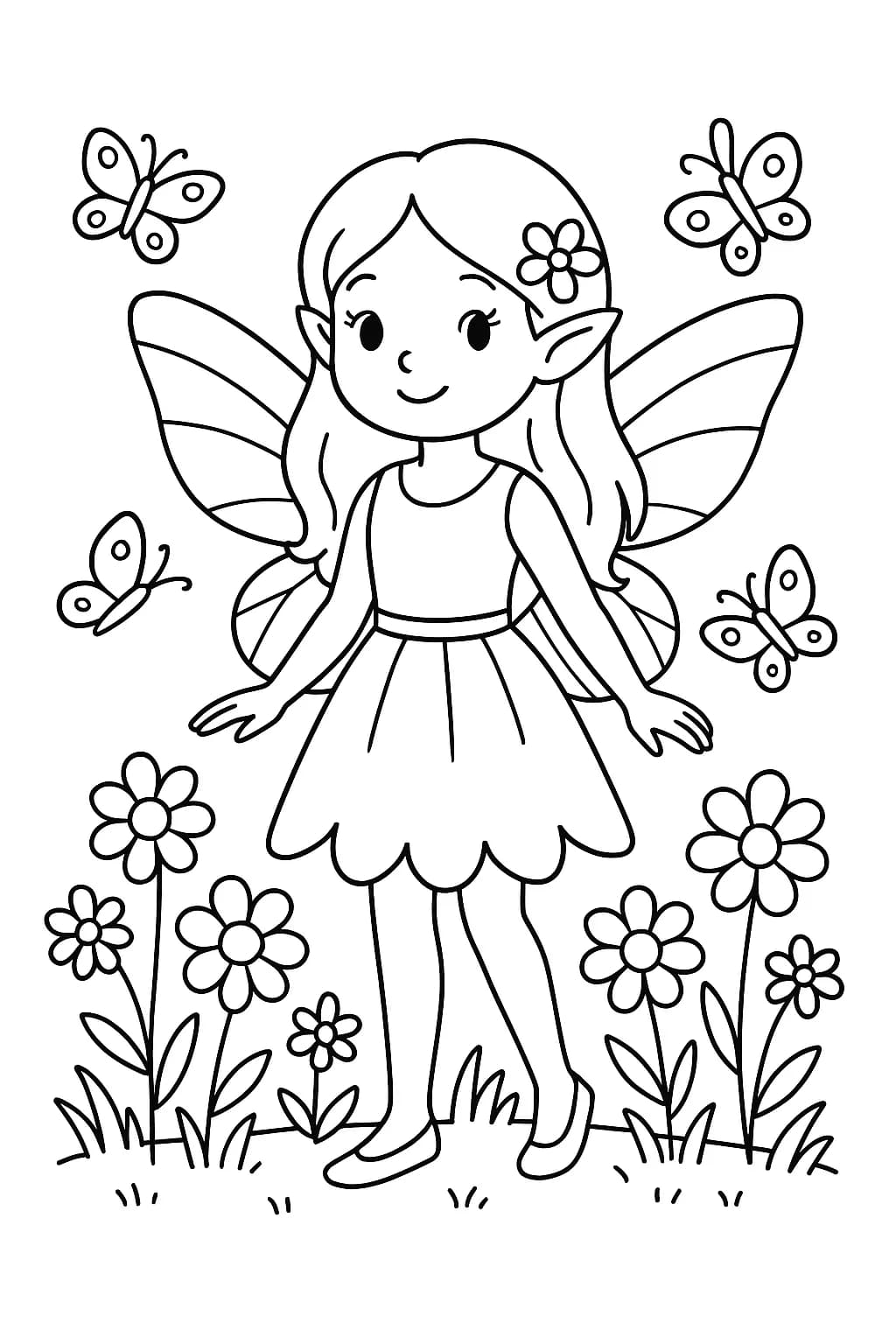 Easy coloring page of a fairy in a spring garden with flowers and butterflies for elementary kids