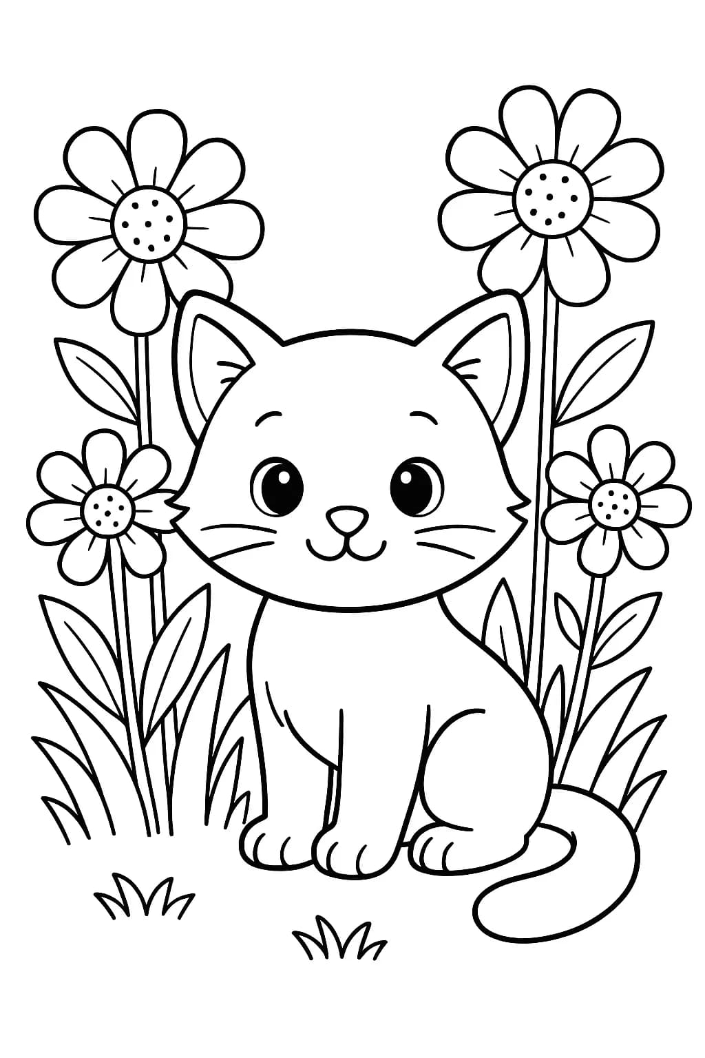 Simple kitten in a garden with big spring flowers, easy coloring page for preschoolers