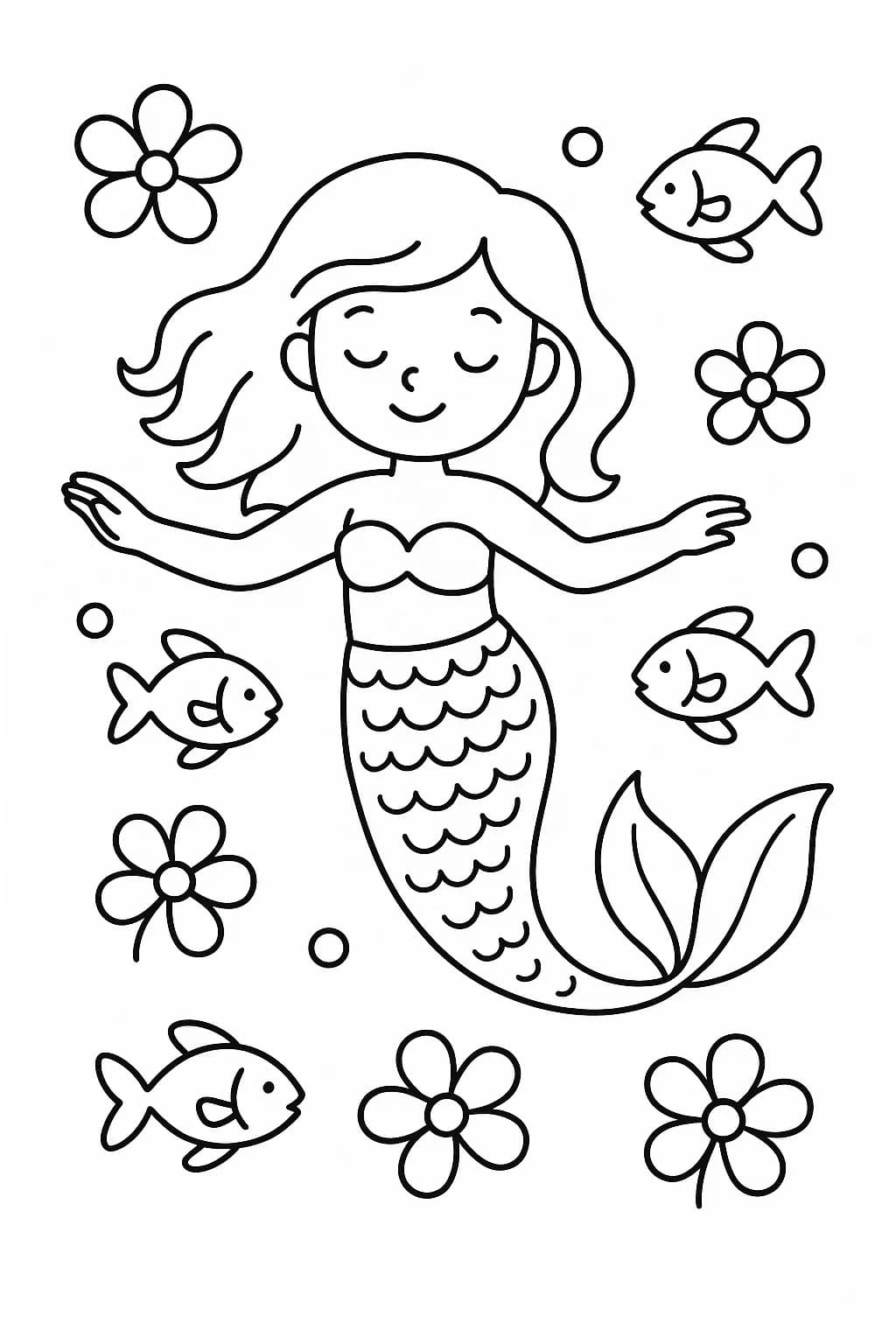 A mermaid swimming among blooming underwater flowers and fish, easy coloring page.
