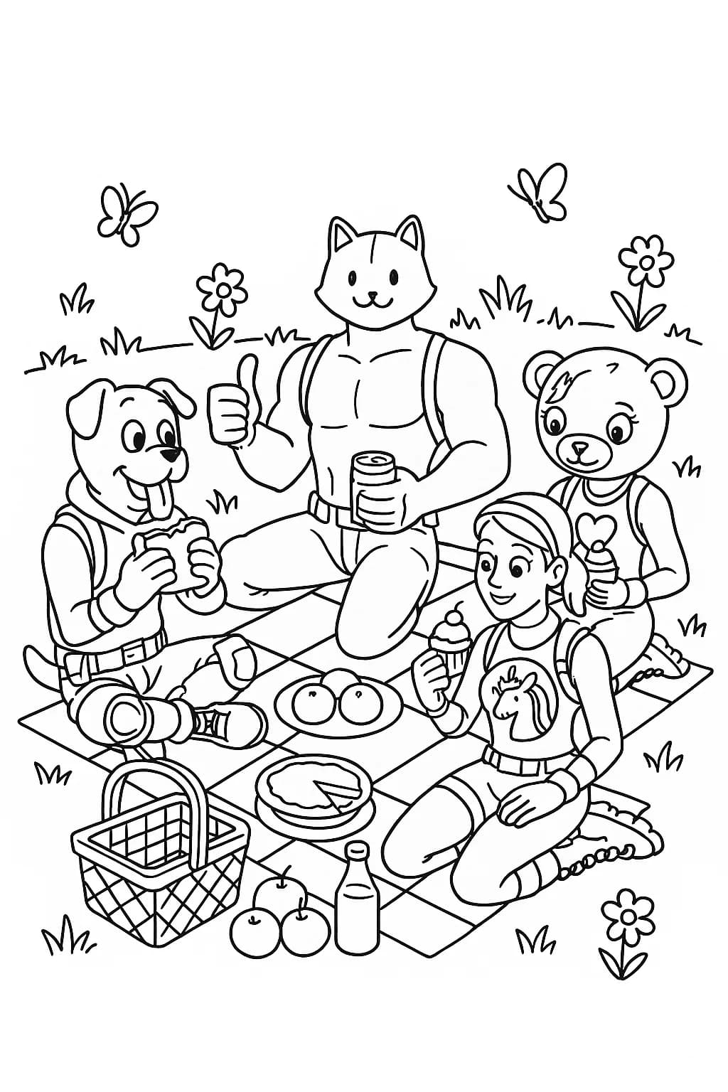 Fortnite characters sitting on a picnic blanket in a field with flowers and butterflies, easy coloring page.