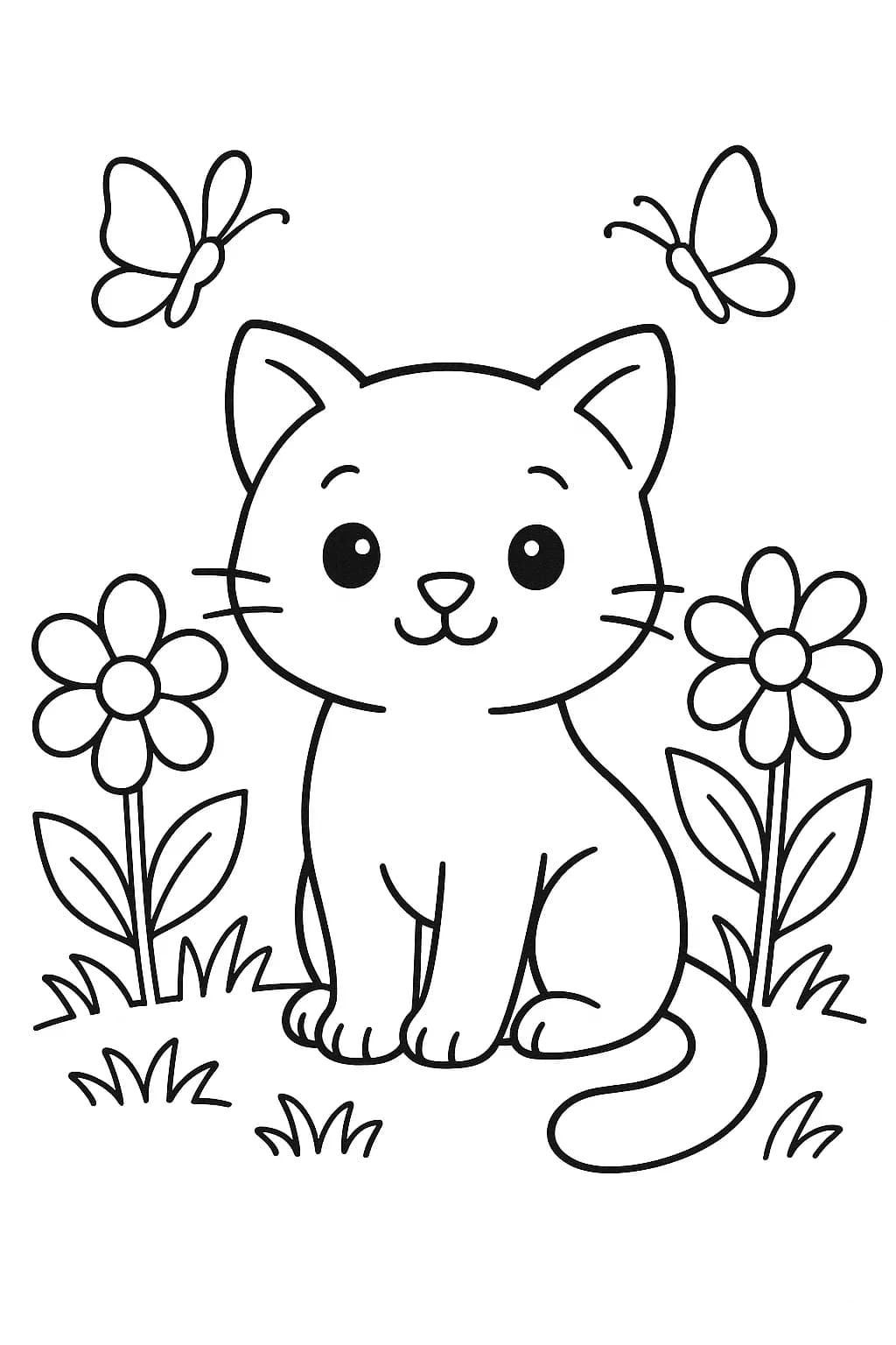 Easy outline of a kitty surrounded by large flowers and butterflies, perfect for preschool spring coloring.