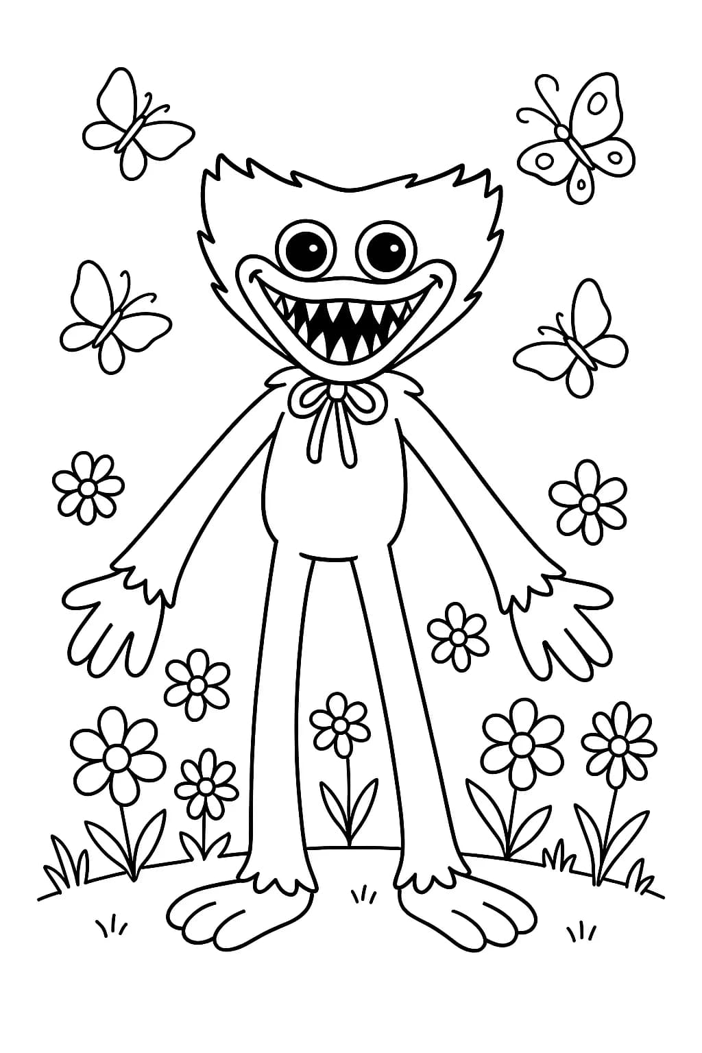 Poppy Playtime character Huggy Wuggy in a garden with flowers and butterflies, spring scene.