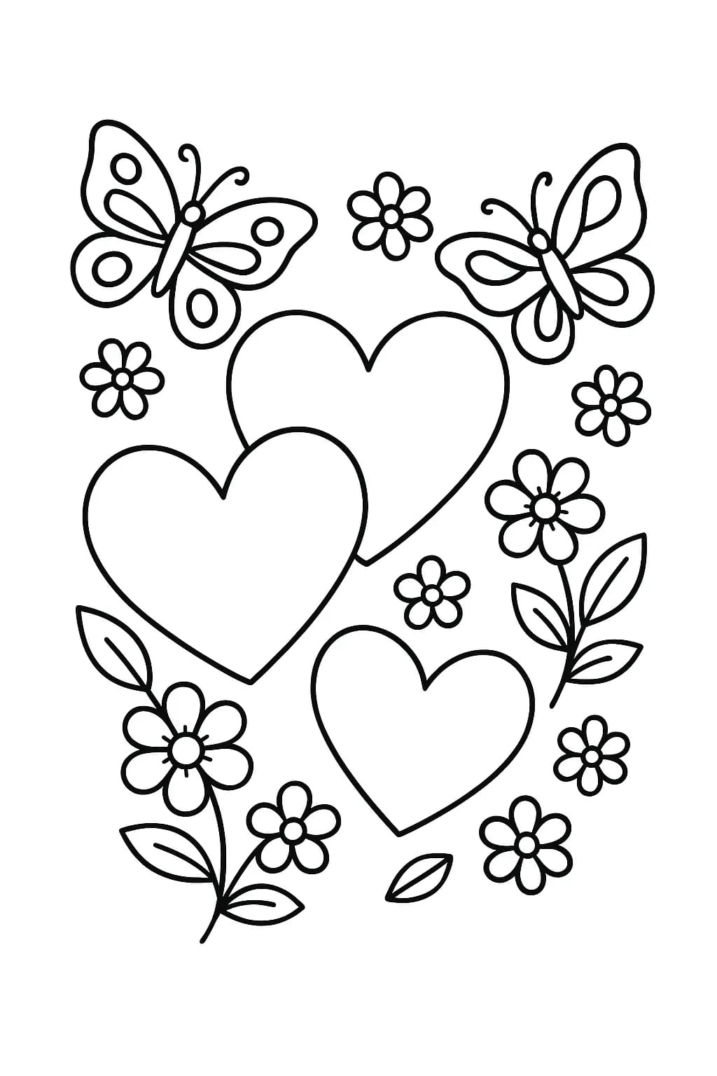 Hearts with butterflies and flowers for spring, easy coloring page.