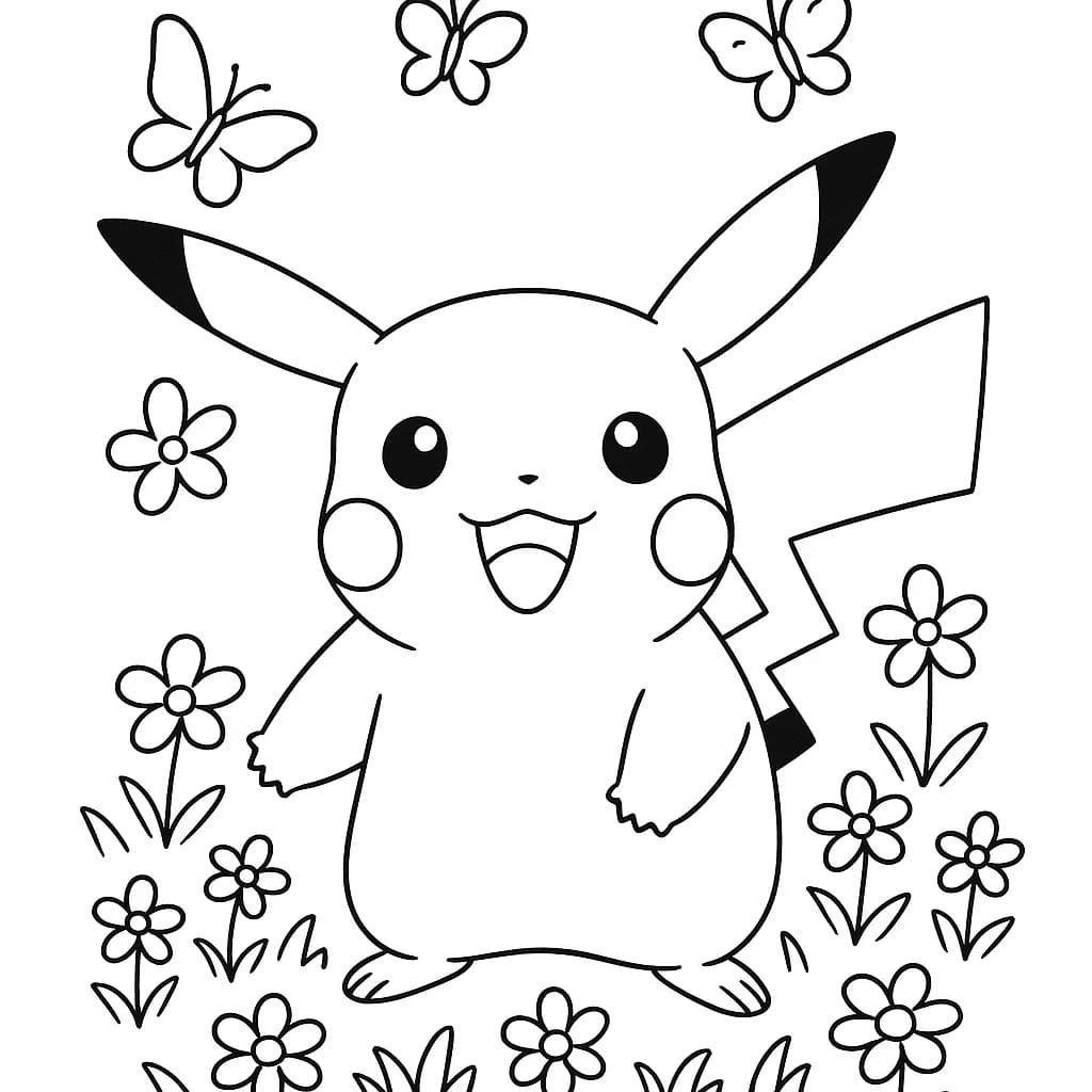 Pikachu standing in a field of flowers and butterflies, easy coloring page for children.