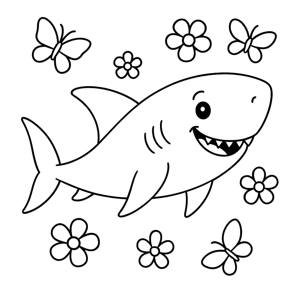 Line drawing of a happy shark swimming with flowers and butterflies around it.