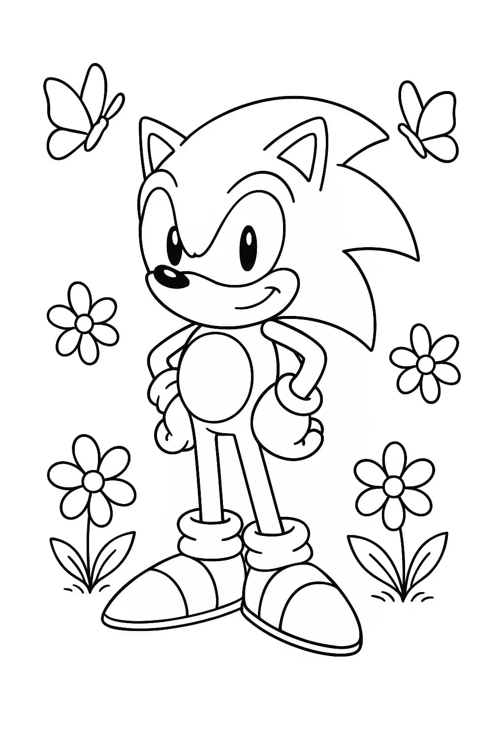 Sonic the Hedgehog with flowers and butterflies in spring, simple coloring page.