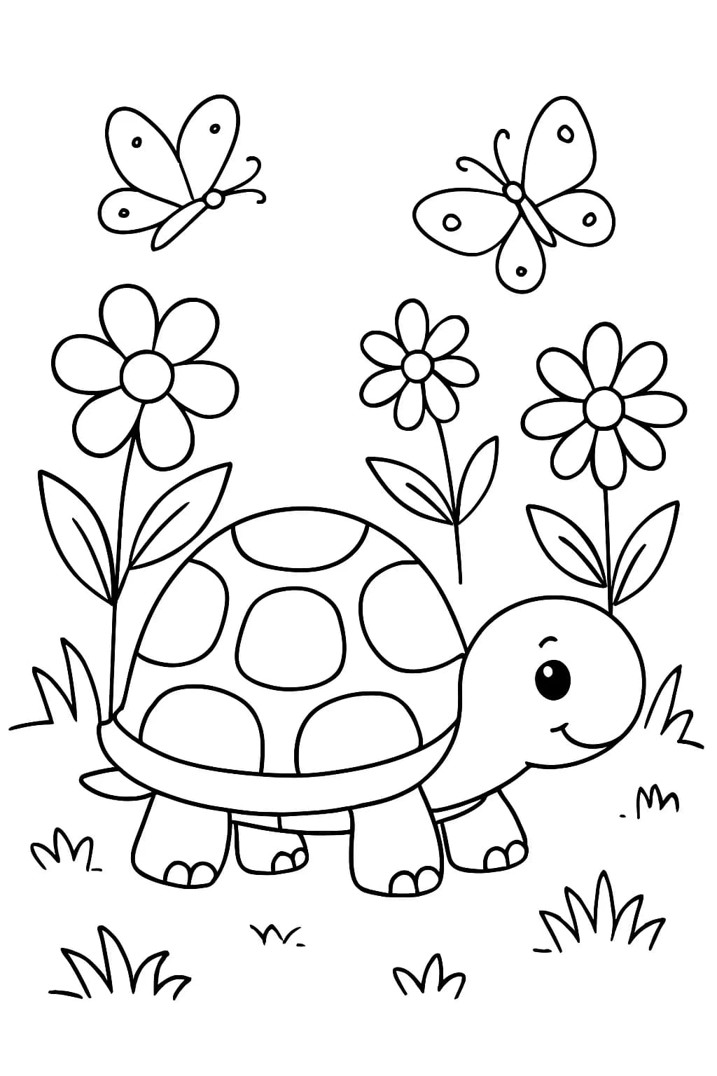 A turtle in a flower garden with butterflies for a spring-themed coloring page.