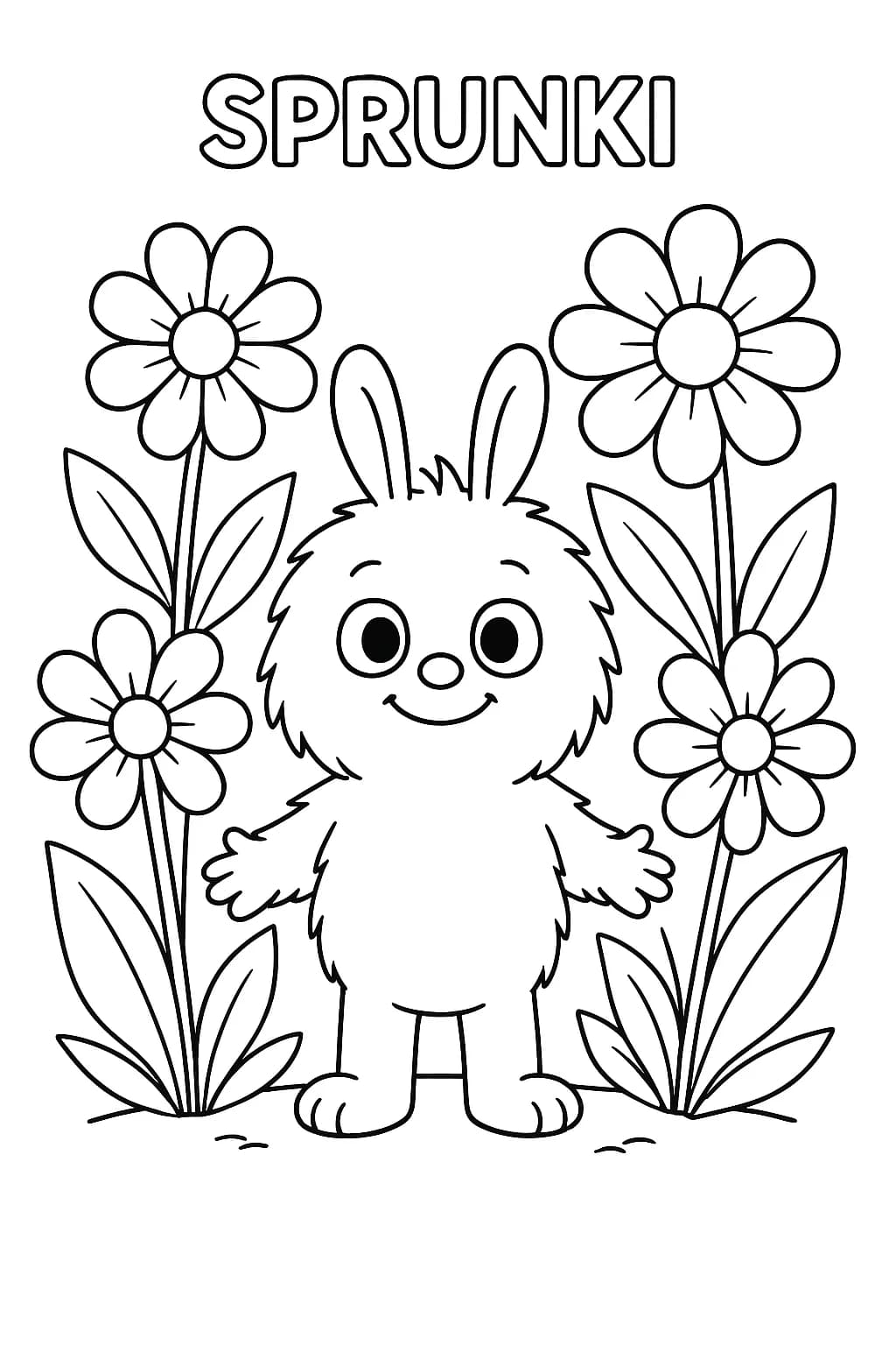 Simple coloring page of Sprunki among large spring flowers for preschoolers