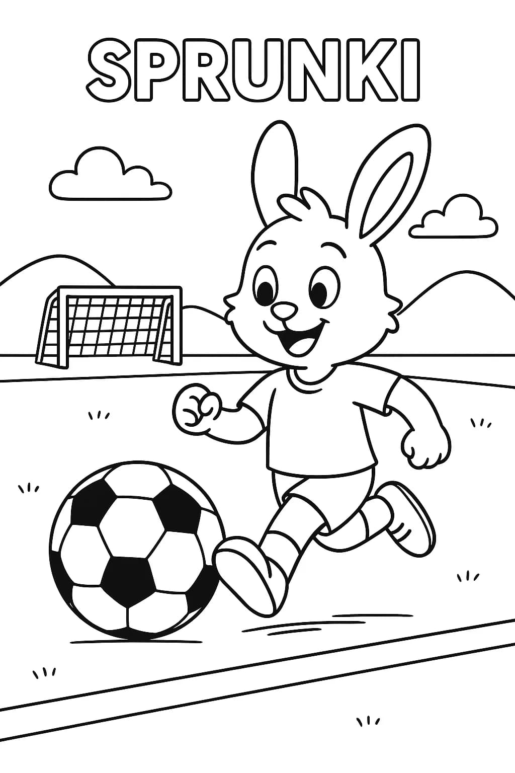 Easy preschool coloring page of Sprunki playing soccer with a big soccer ball