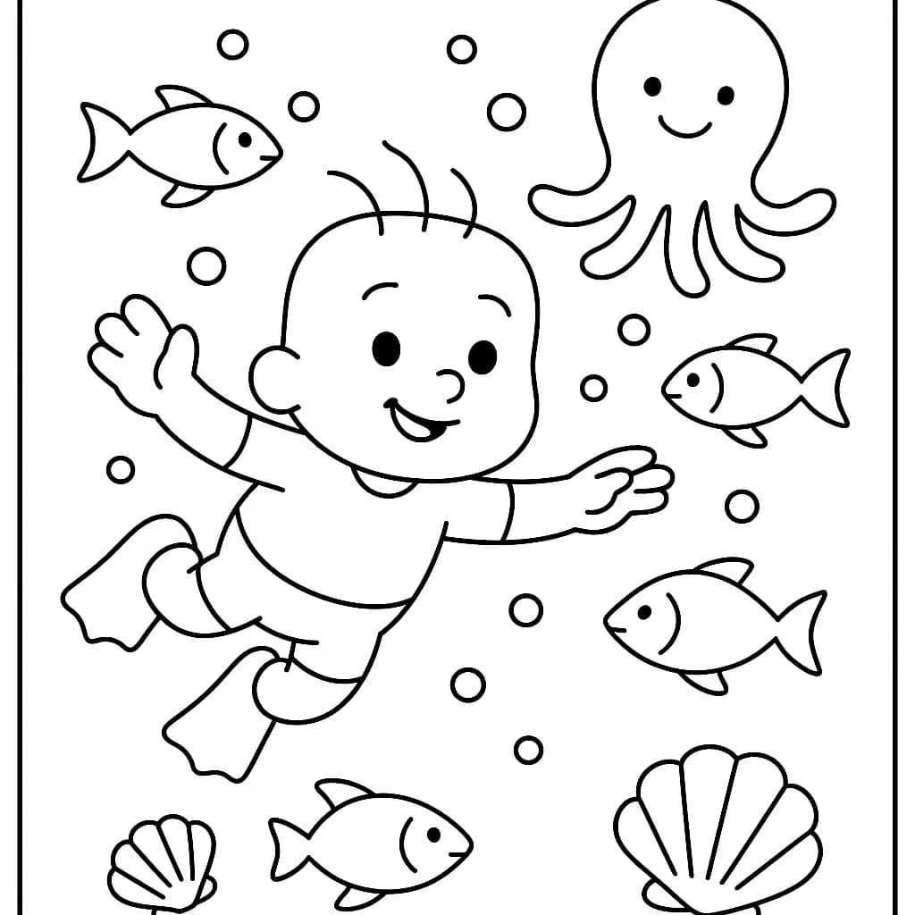 Sprunki character underwater with fish, octopus, and seashells