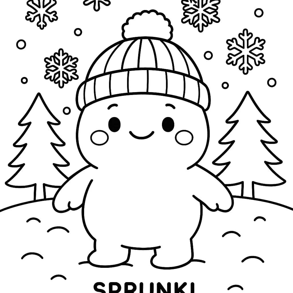 Sprunki character in a snowy landscape with pine trees and snowflakes
