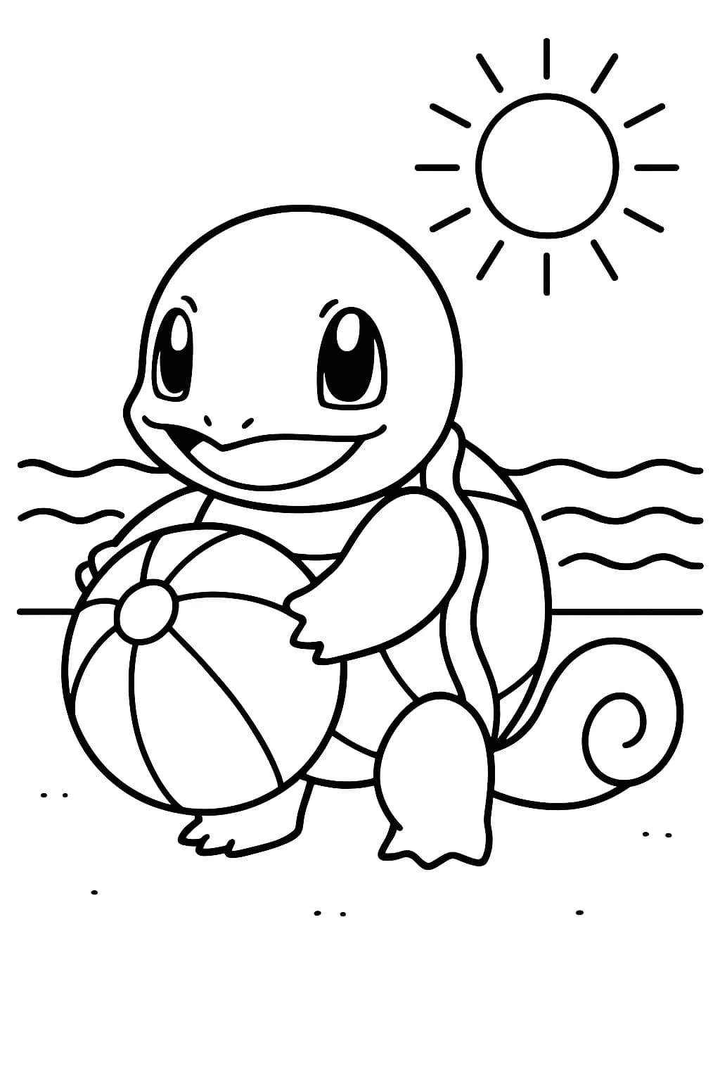Squirtle holding a beach ball on the sand with a sun and waves, easy lines